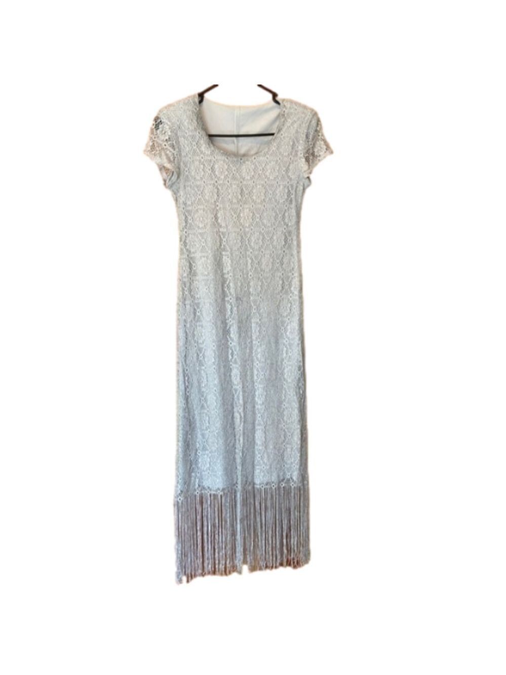 Grey and Silver Long Cap Sleeve Fringe Dress